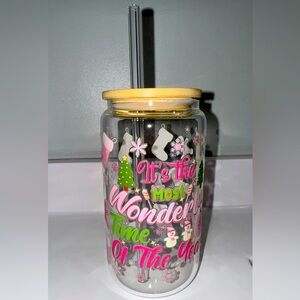 Festive Holiday Glass Tumbler with Straw